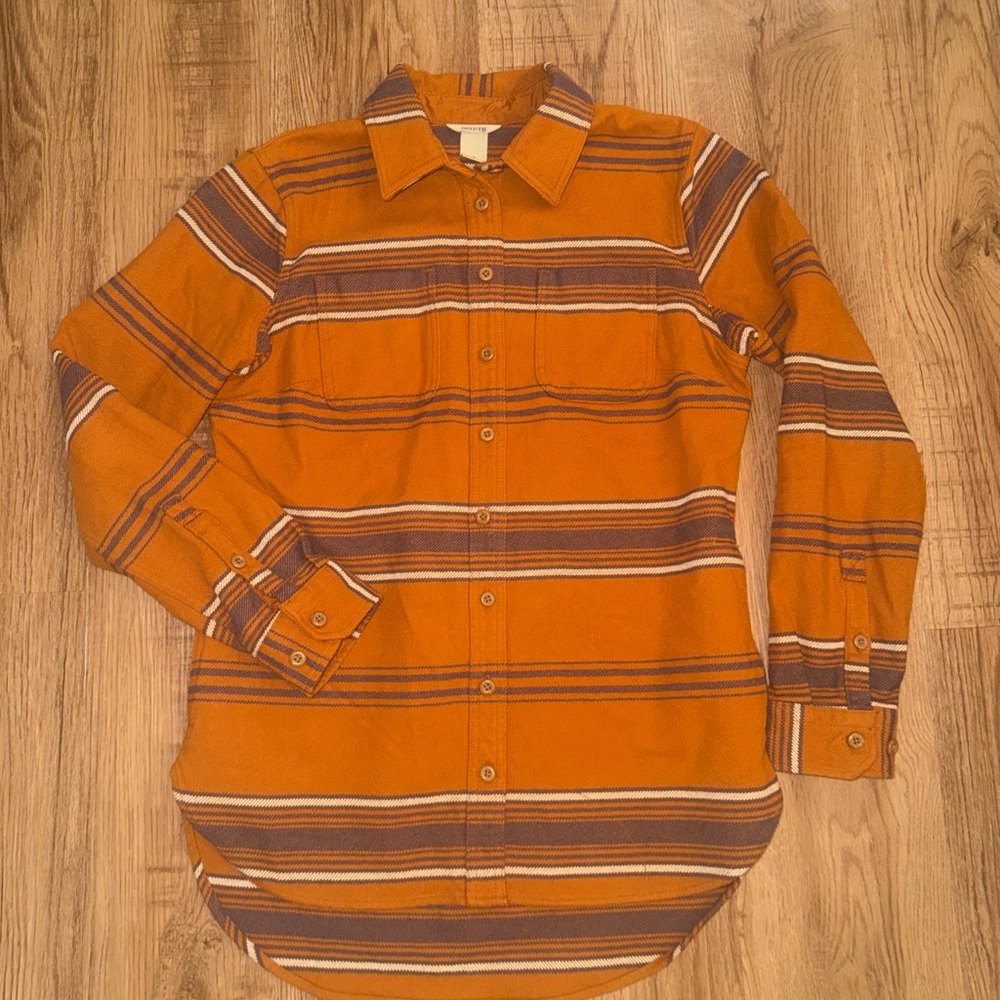 Duluth Trading S Men's Button Up Striped Orange Blue White Heavy Cotton Shacket
